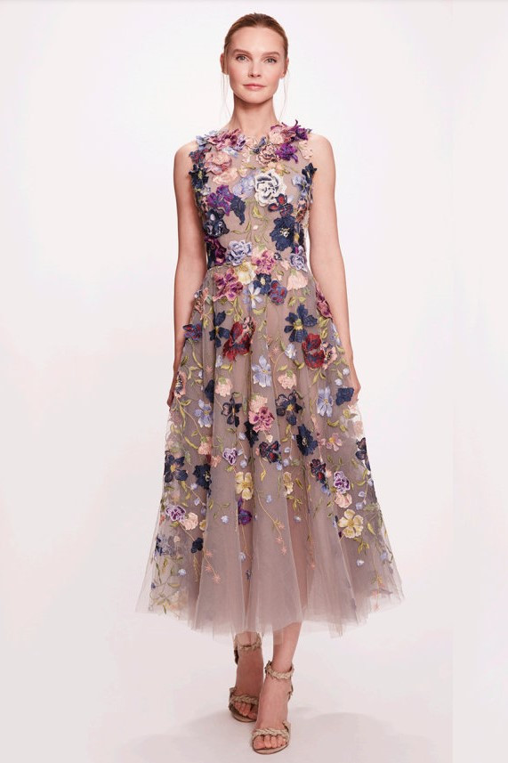 Shop Marchesa Tulle Cocktail With Floral Details In Multi