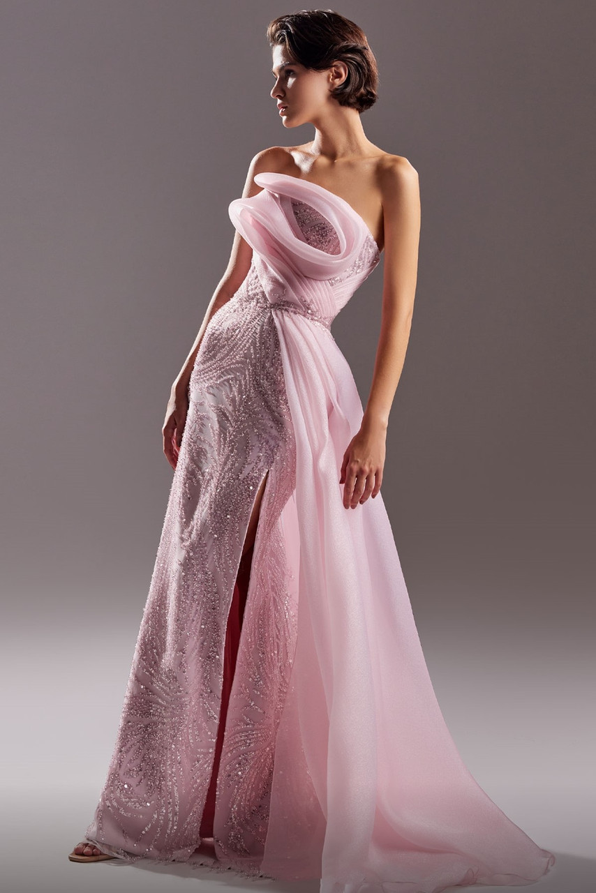 Gaby Charbachy Elegant Swirls Crystal-lace Gown In Pink