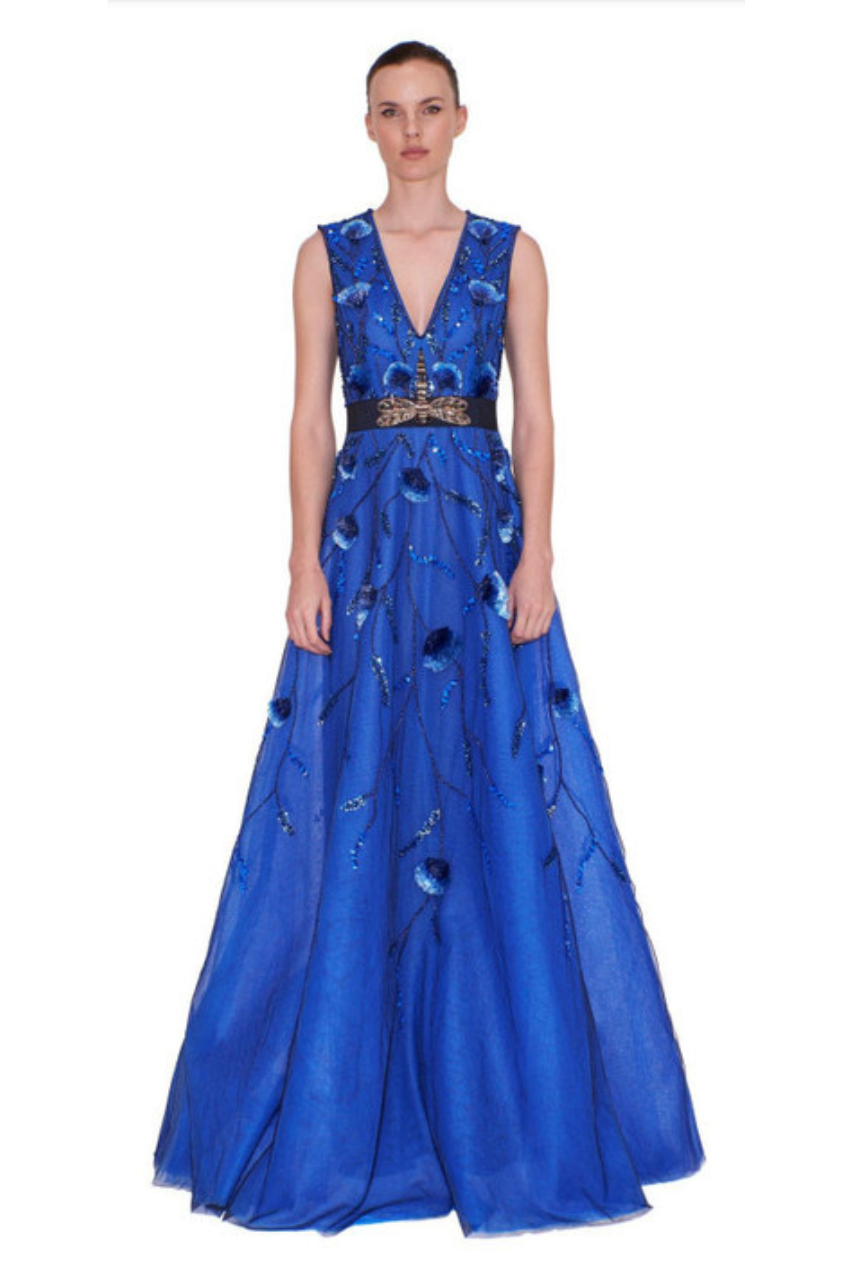 Reem Acra V-neck Embroidered A-line Blue Gown