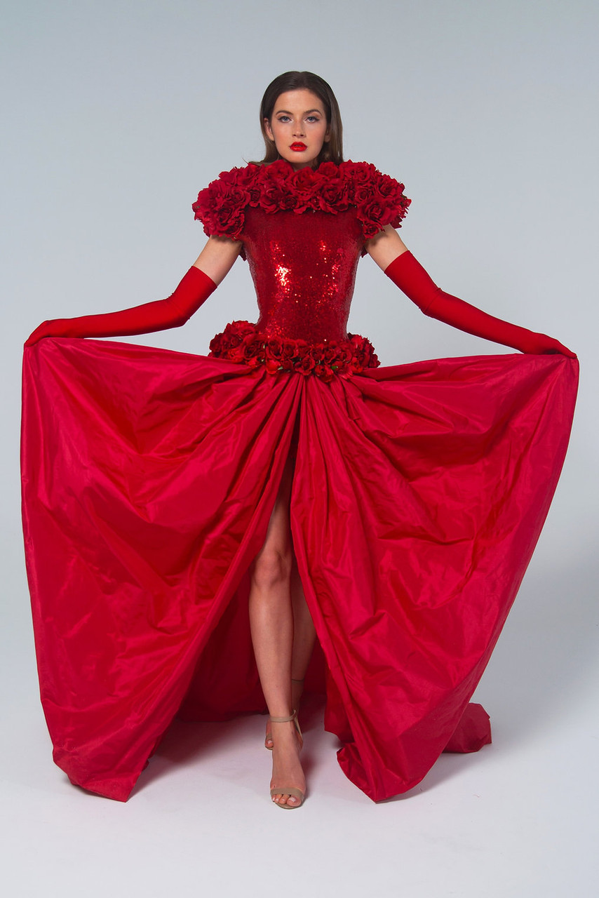 Marc Bouwer Red Roses Ball Gown In Multi