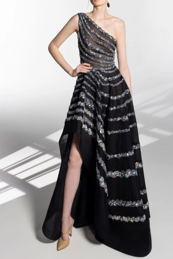 Saiid Kobeisy printed beaded evening dress - Black