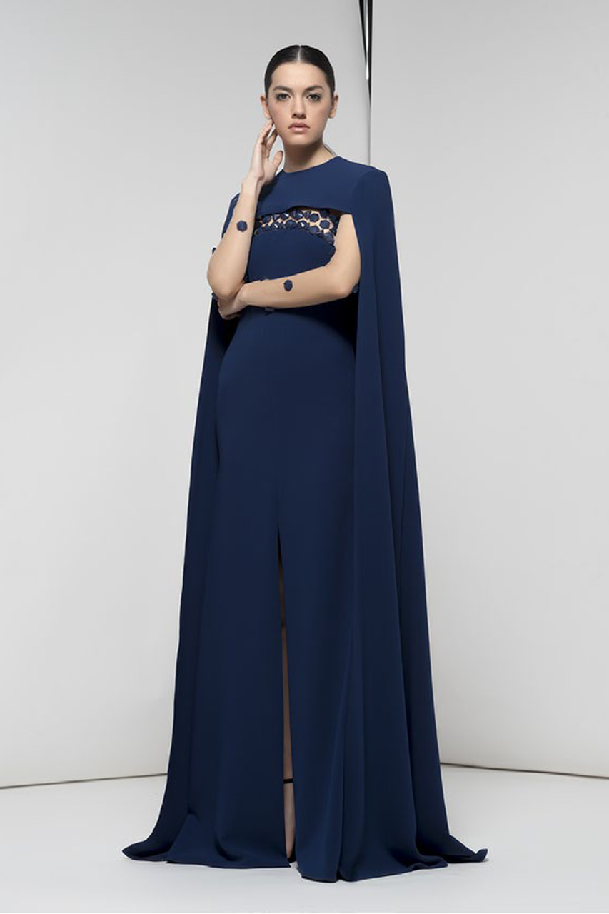 Illusion Neckline Embroidered Yoke Sheer Long Sleeves Fitted Bodice Slim Skirt w/ Slit Long Jacket Evening Dress Imported Color: Blue