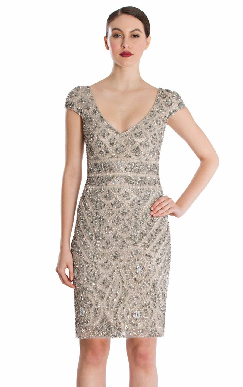 Theia Cap Sleeve Sequin Dress