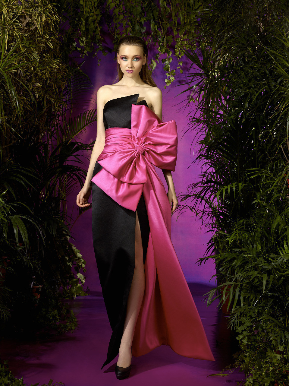 Ziad Germanos Strapless Satin Bow Evening Gown