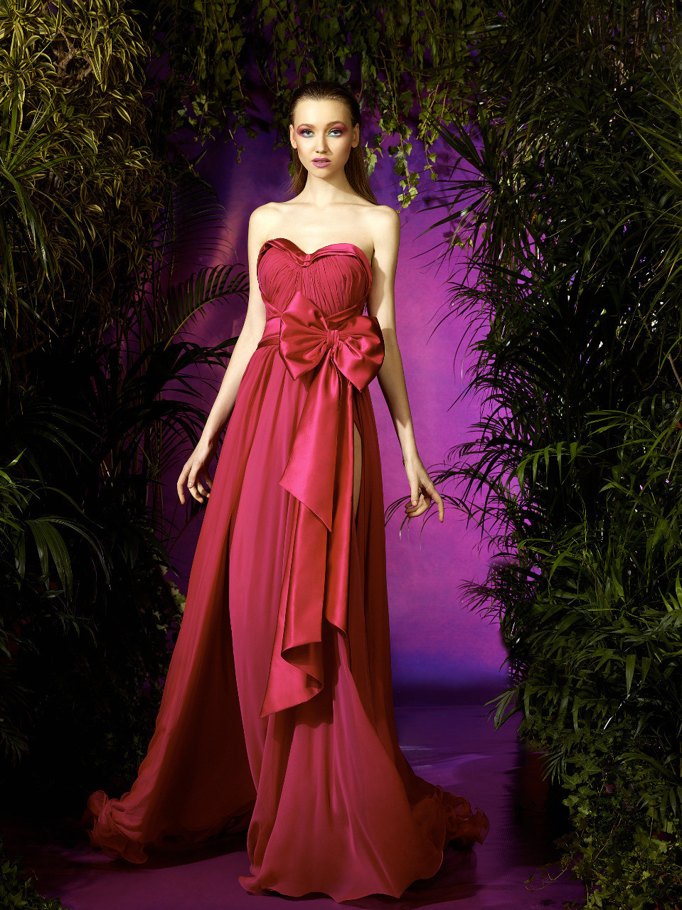 Ziad Germanos Satin & Chiffon Strapless Gown