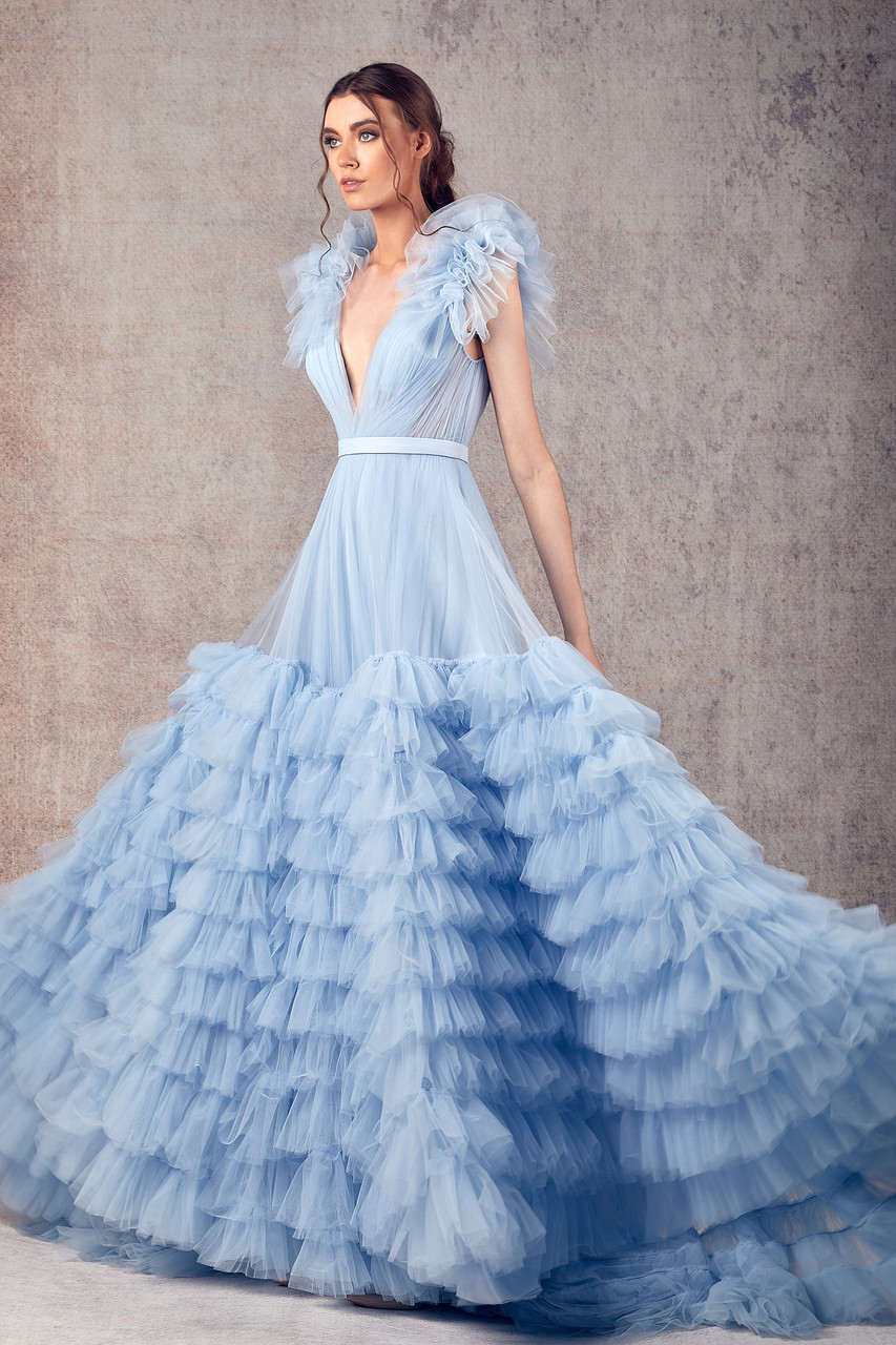 Ziad Germanos Sleeveless Tulle Evening Gown