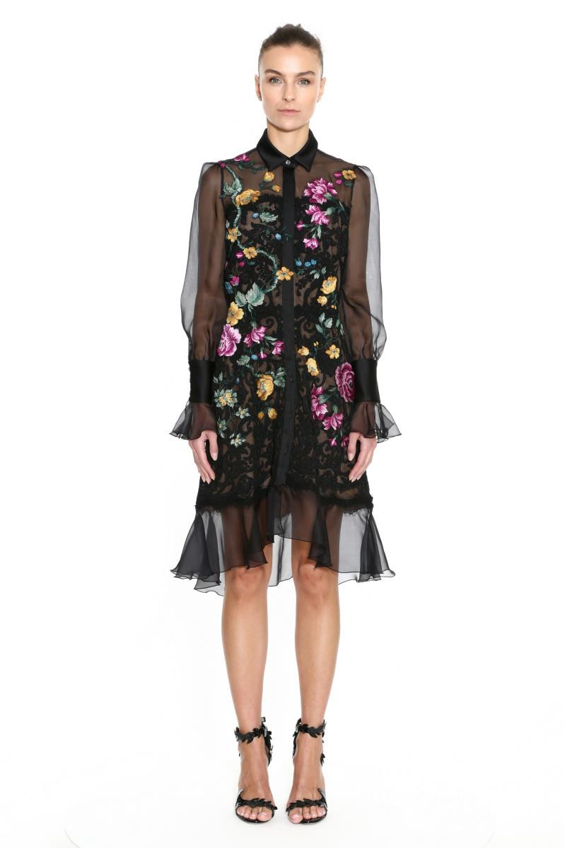 Click to view more detailed imagery on our partner's website Marchesa Women's Damask Lace Floral Embroidered Shirtdress In Black