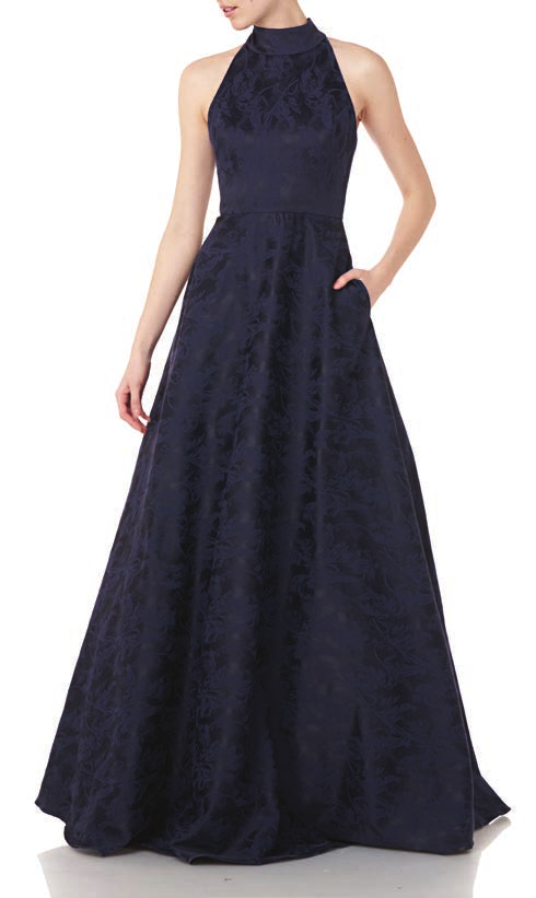 ml Monique Lhuillier Sleeveless Mock Neck Jacquard Gown In Navy | ModeSens