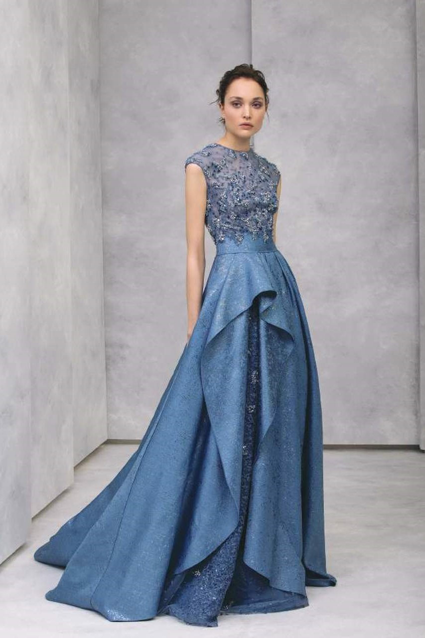 Tony Ward Embroidered Cap Sleeve Jacquard Gown