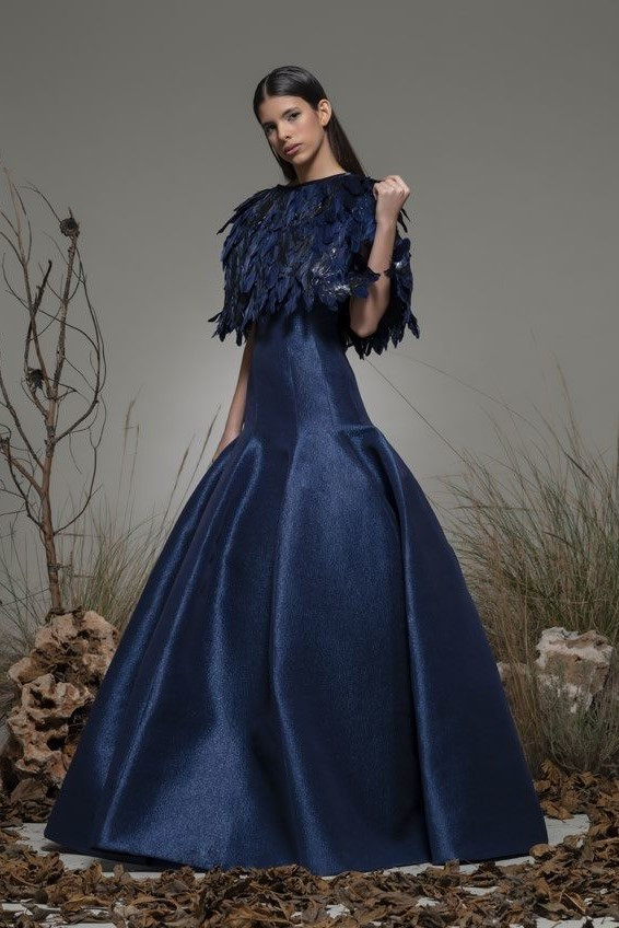 Isabel Sanchis Bessude Feathered Cape Gown