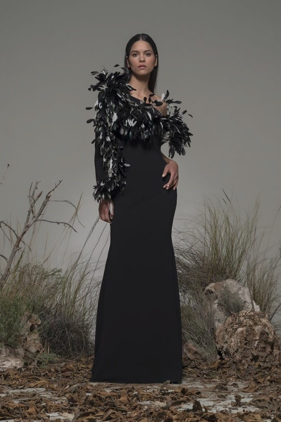 Isabel Sanchis Bianzano Feathered One Shoulder Gown