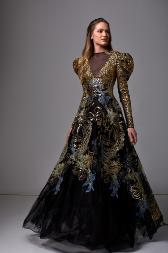 Edward Arsouni Sequined Tulle Long Sleeve Gown - District 5 Boutique