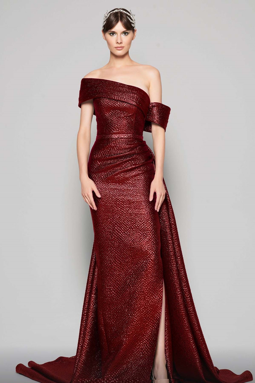 Mnm Couture Off The Shoulder Slit Gown