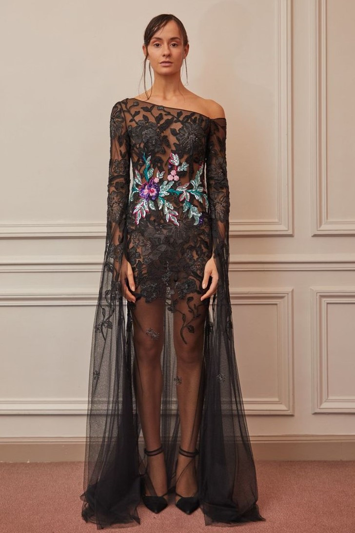 Gatti Nolli By Marwan Sheer Illusion Cape Sleeve Gown