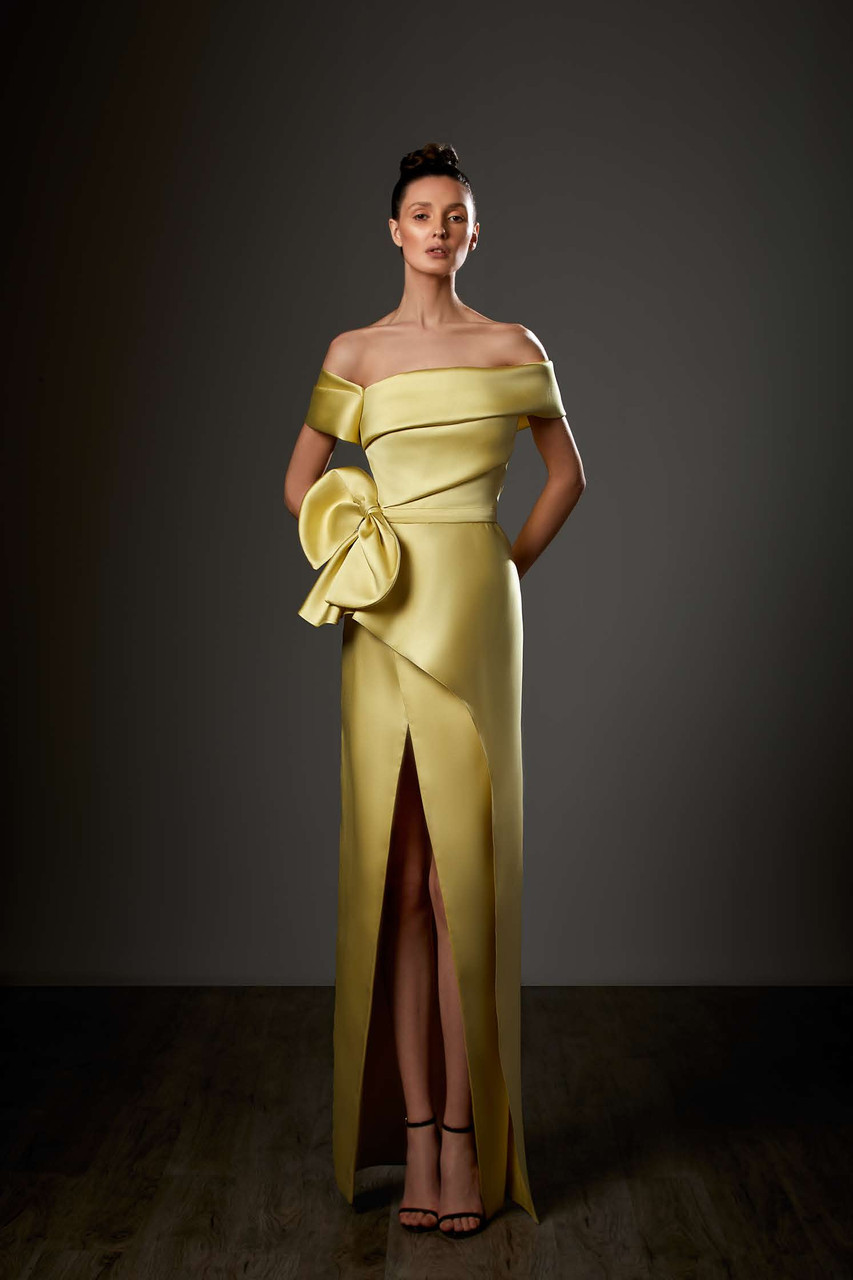 Ziad Germanos Banded Sleeve Mikado Column Slit Gown