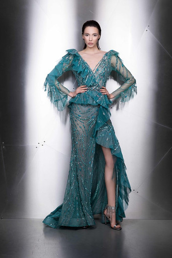 Ziad Nakad Ruffled Long Sheer Sleeve Slit Gown - District 5 Boutique