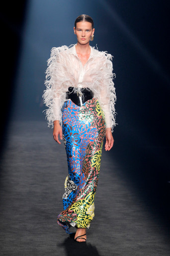 Isabel Sanchis Caprauna Feathered Shirt and Sequin Skirt - District 5 ...