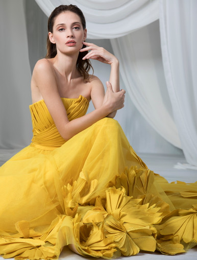 Honey Couture CANDICE Yellow Silky Low Back Mermaid Formal Dress