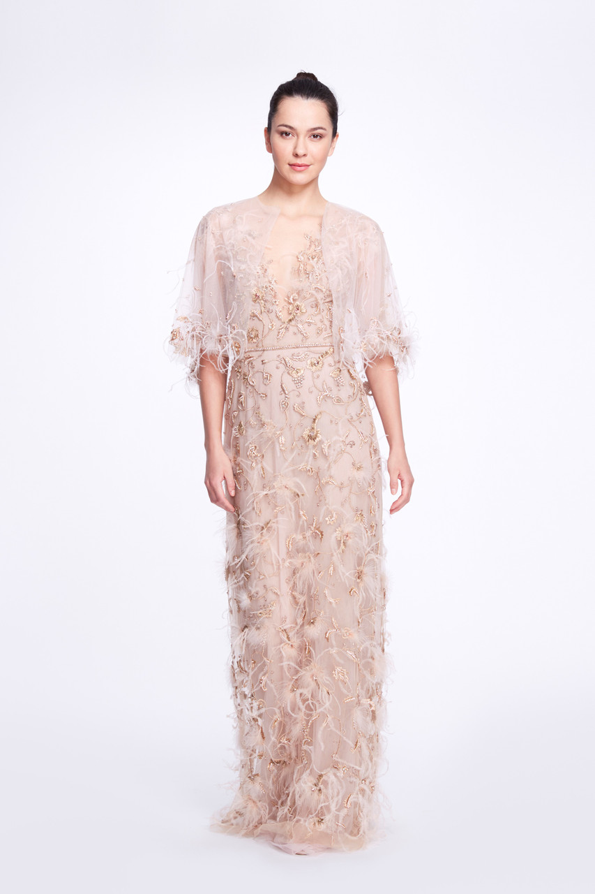 Marchesa V-neckline Illusion Tulle Gown With Tulle Cape