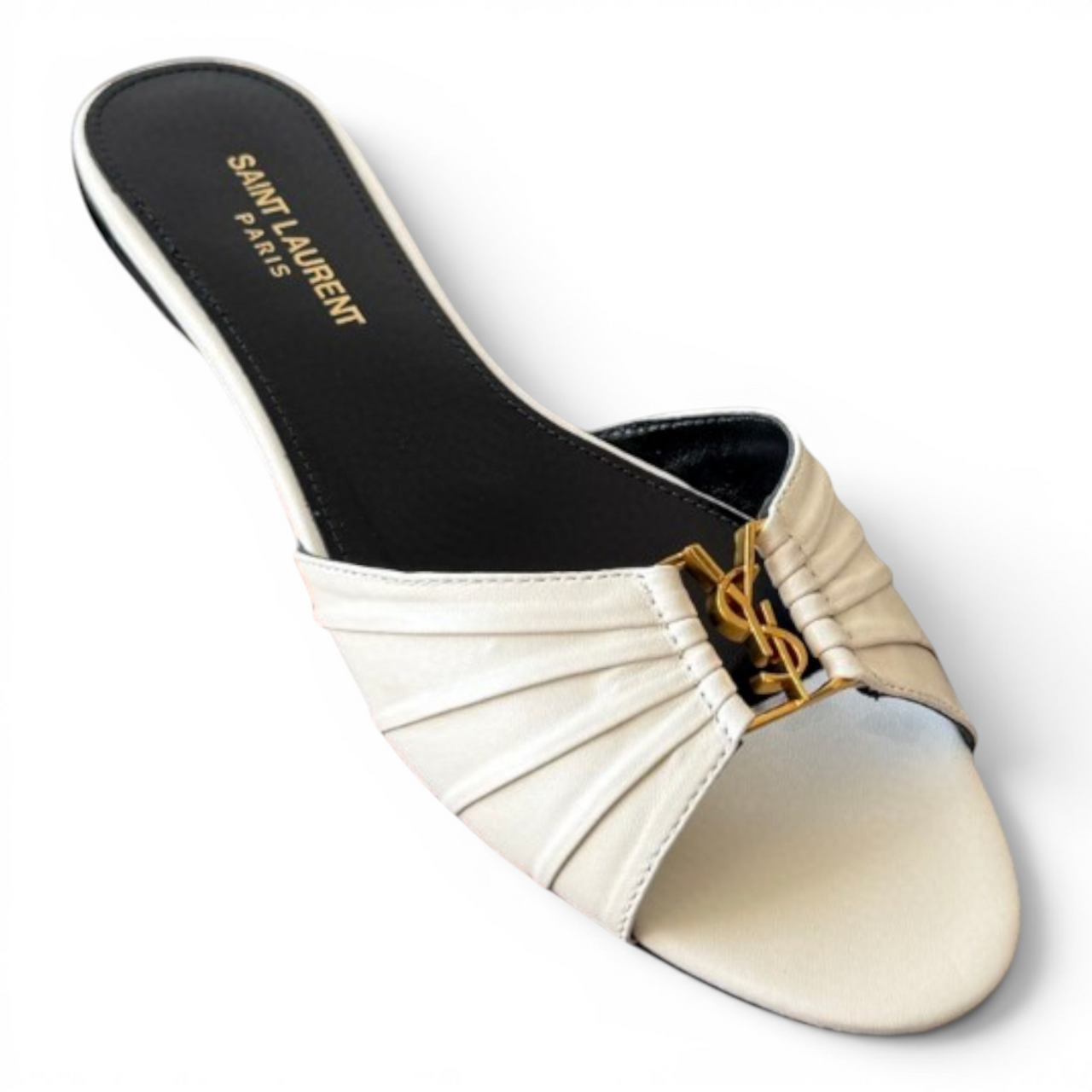 SAINT LAURENT BABYLONE EMBELLISHED GATHERED GLOSSED-LEATHER WOMEN WHITE SLIDES (Ref SA-35-S-42599)