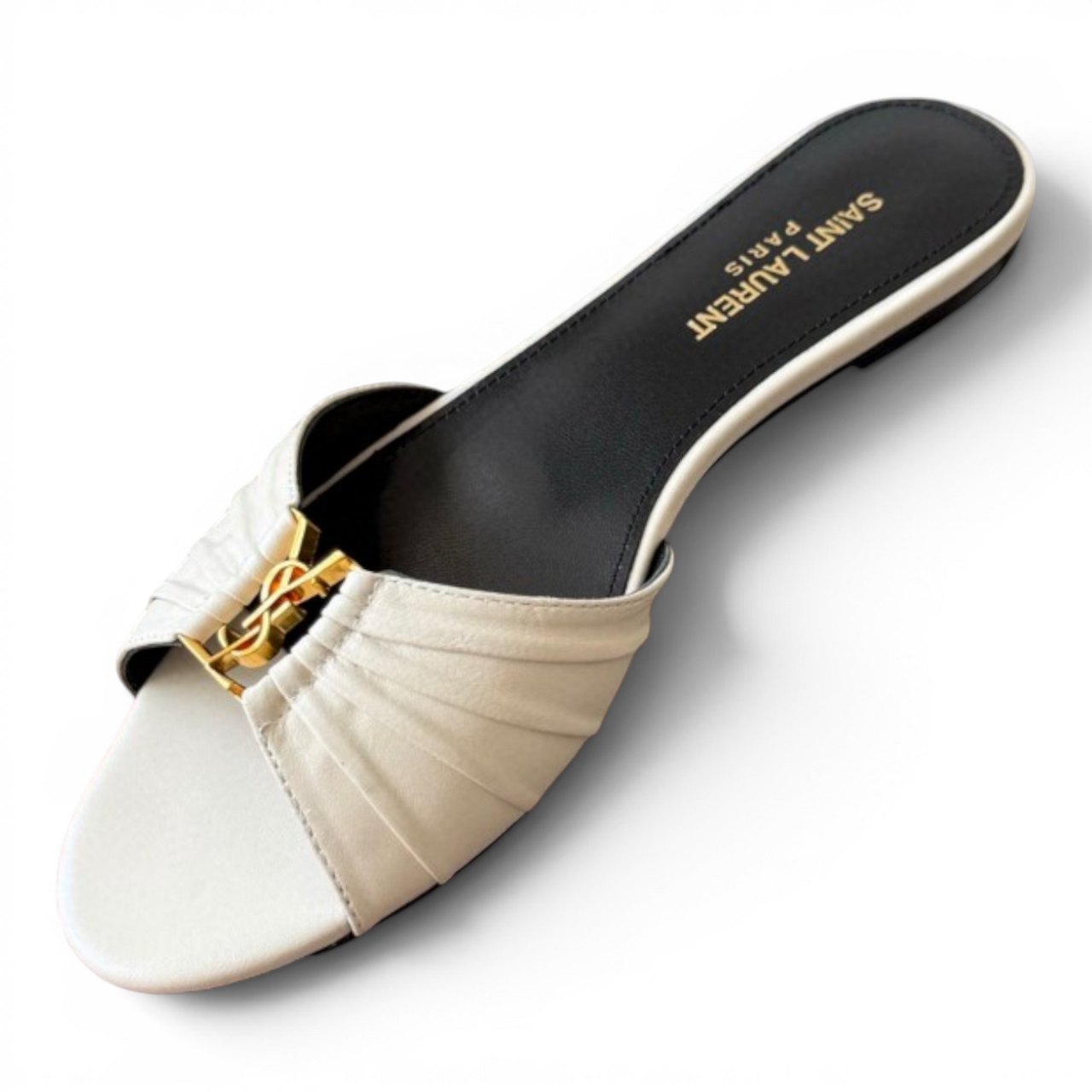 SAINT LAURENT BABYLONE EMBELLISHED GATHERED GLOSSED-LEATHER WOMEN WHITE SLIDES (Ref SA-35-S-42599)