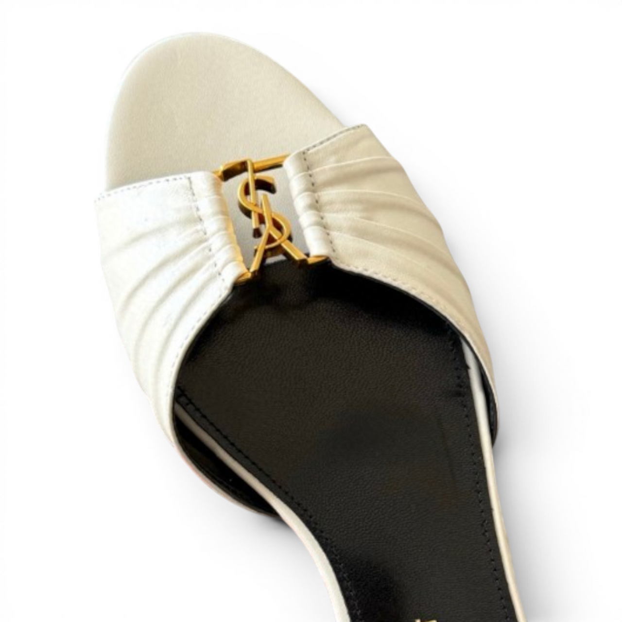 SAINT LAURENT BABYLONE EMBELLISHED GATHERED GLOSSED-LEATHER WOMEN WHITE SLIDES (Ref SA-35-S-42599)