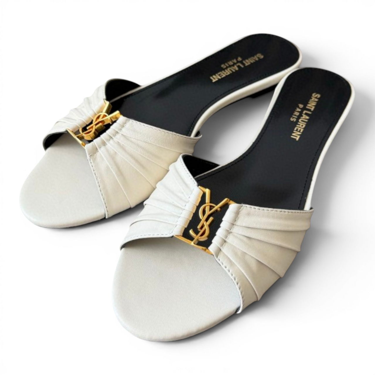 SAINT LAURENT BABYLONE EMBELLISHED GATHERED GLOSSED-LEATHER WOMEN WHITE SLIDES (Ref SA-35-S-42599)