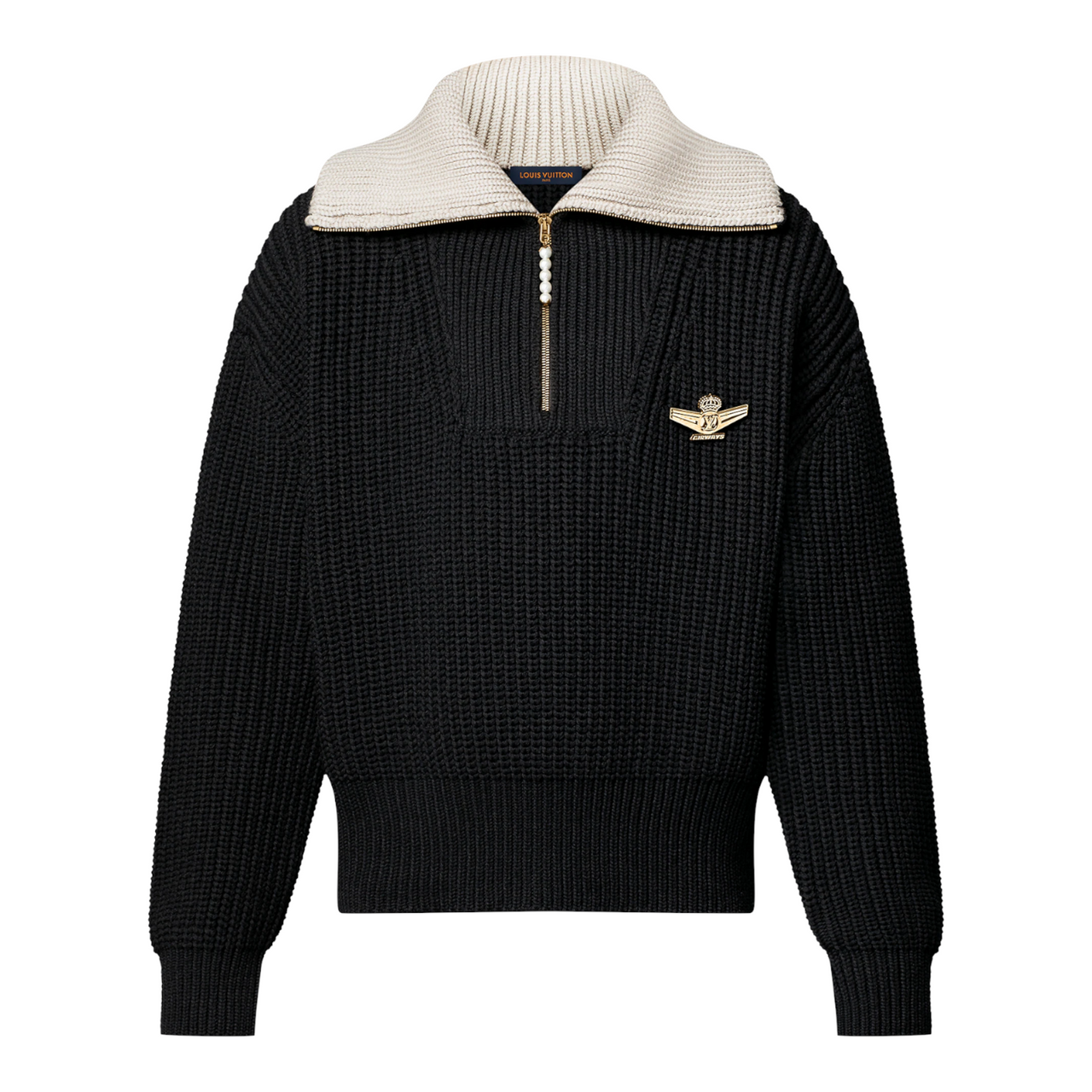 LOUIS VUITTON CHUNKY WOOL BLEND HALF ZIP MEN BLACK PULLOVER (Ref LO-SBLACK-S-39567)