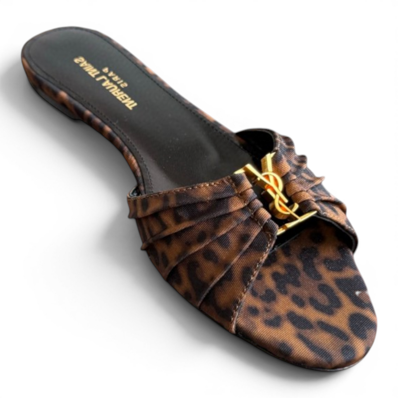 SAINT LAURENT BABYLONE EMBELLISHED GATHERED GLOSSED-LEATHER WOMEN BROWN SLIDES (Ref SA-35-S-42619)