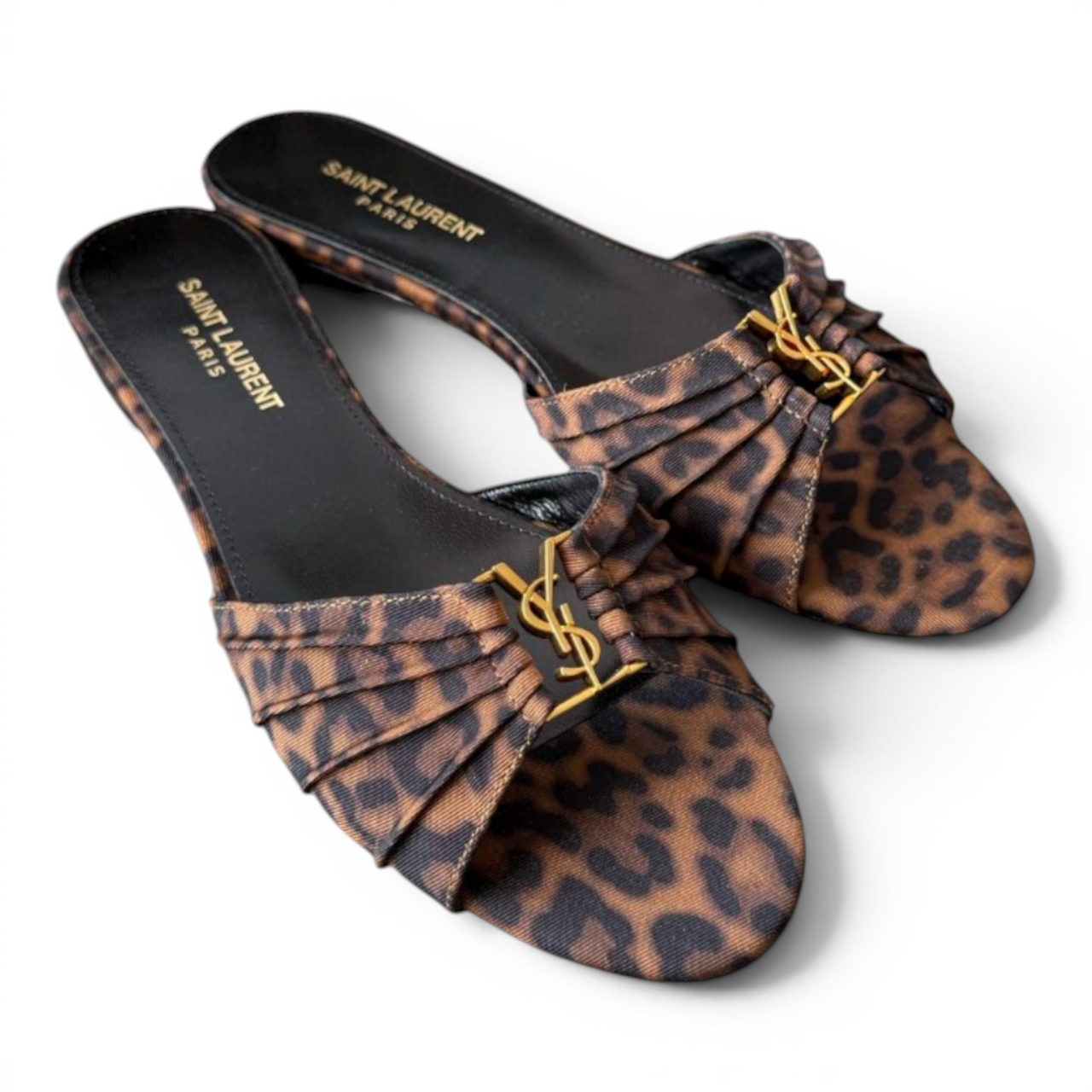 SAINT LAURENT BABYLONE EMBELLISHED GATHERED GLOSSED-LEATHER WOMEN BROWN SLIDES (Ref SA-35-S-42619)