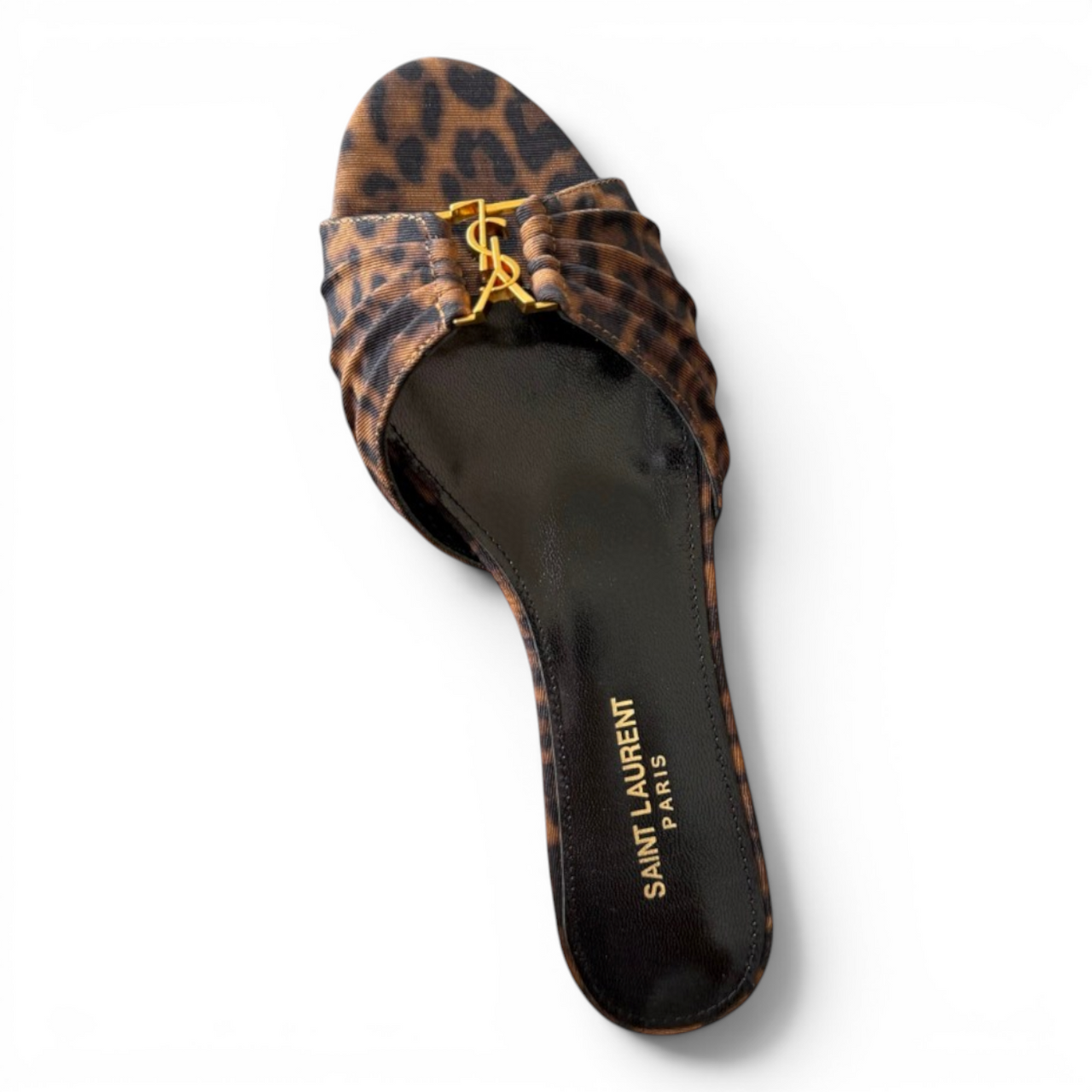 SAINT LAURENT BABYLONE EMBELLISHED GATHERED GLOSSED-LEATHER WOMEN BROWN SLIDES (Ref SA-35-S-42619)