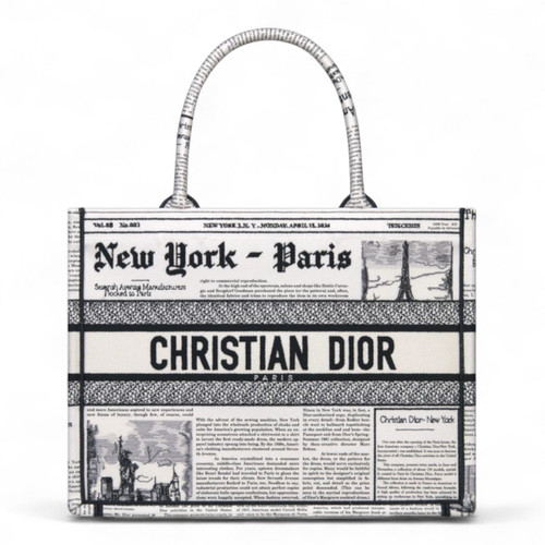 DIOR NEWSPAPER EMBROIDERY WOMEN WHITE AND BLACK MEDIUM BOOK TOTE (Ref DI-WHITE-T-35807)