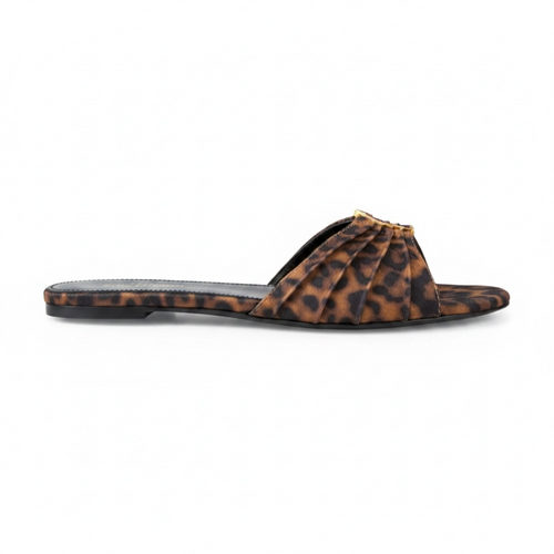 SAINT LAURENT BABYLONE EMBELLISHED GATHERED GLOSSED-LEATHER WOMEN BROWN SLIDES (Ref SA-35-S-42619)