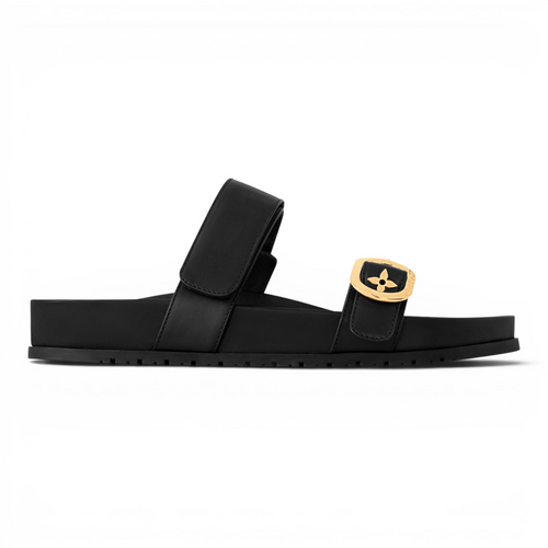 LOUIS VUITTON BOM DIA FLAT OVAL BUCKLE COMFORT WOMEN BLACK SANDAL