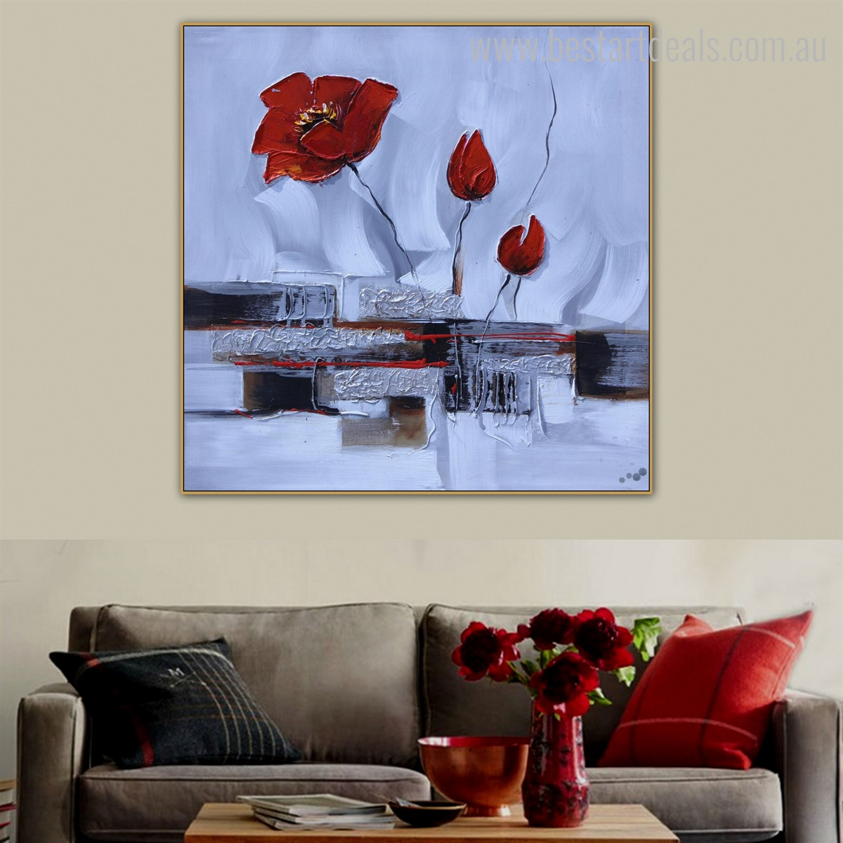 Poppy Buds Botanical Abstract Watercolor Framed Vignette Photo Canvas Print for Wall Assortment