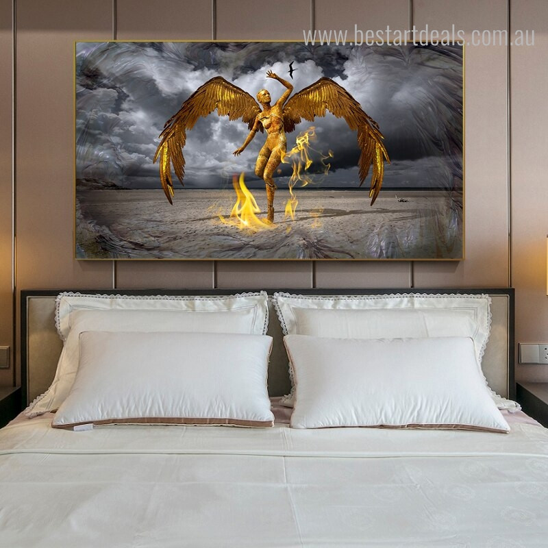 Golden Protector Bird Figure Nature Framed Likeness Image Canvas Print for Bedroom Wall Getup