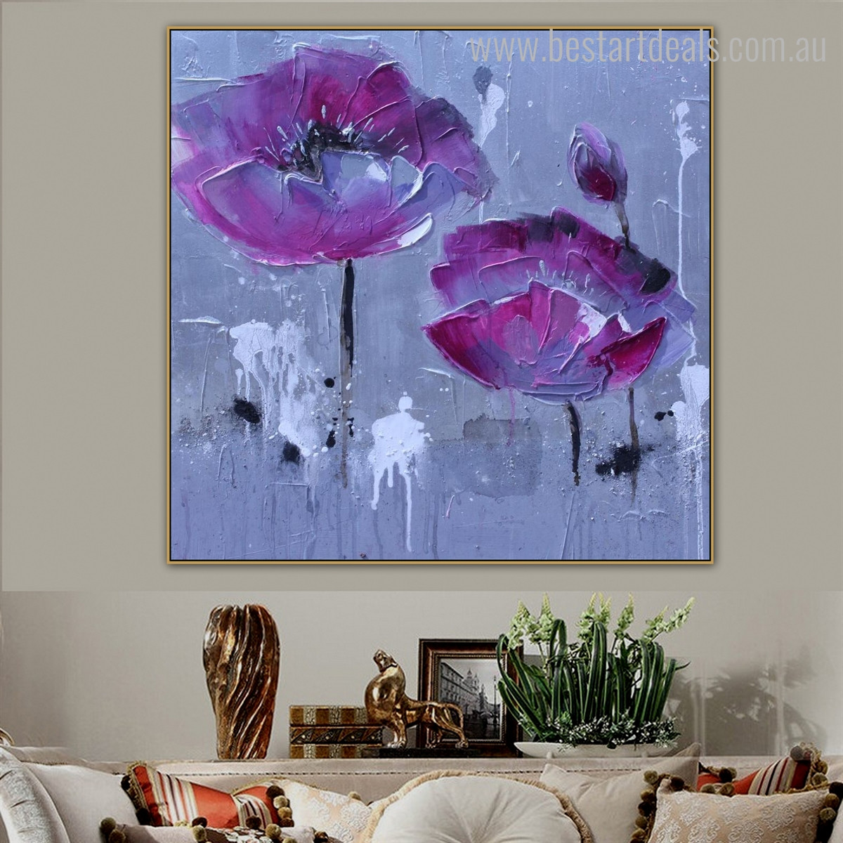 Lake Shade Poppies Abstract Watercolor Botanical Framed Portmanteau Photo Canvas Print for Room Wall Ornament