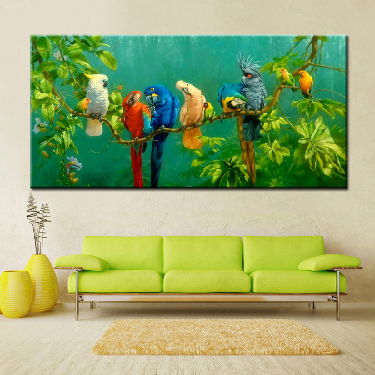 Parrots forest trees canvas print wall art décor