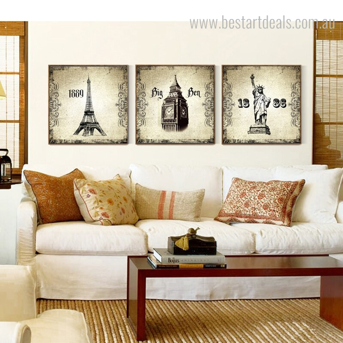 Statue Liberty and Towers Architecture City Vintage Framed Painting Photo Canvas Print for Room Wall Decor