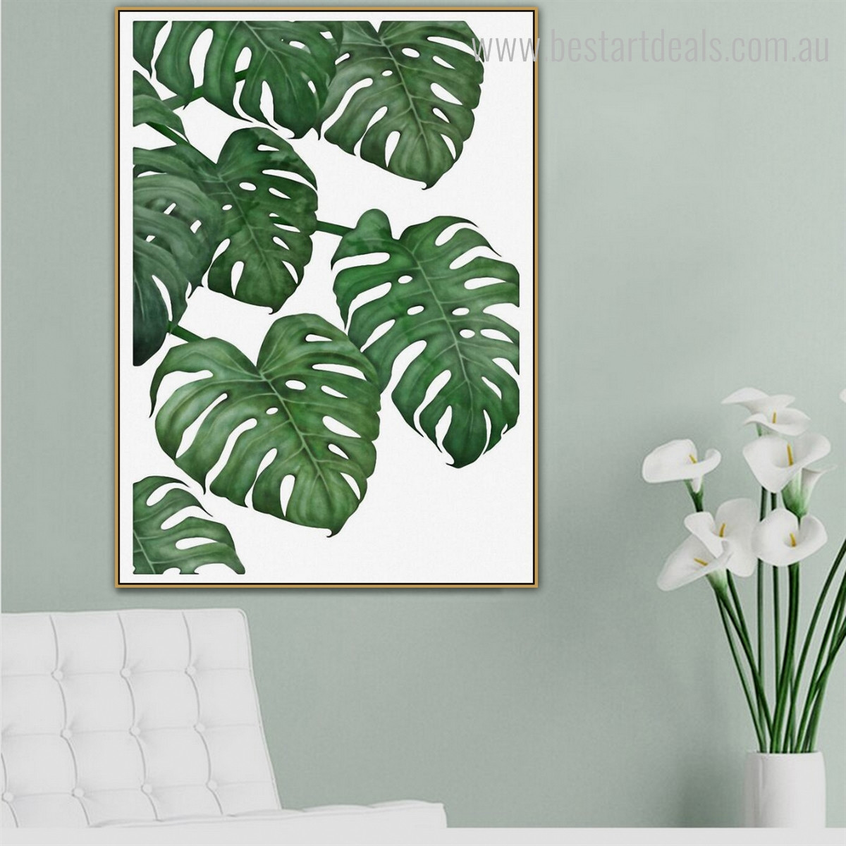 Green Monstera Botanical Modern Nordic Framed Smudge Photo Canvas Print for Room Wall Molding