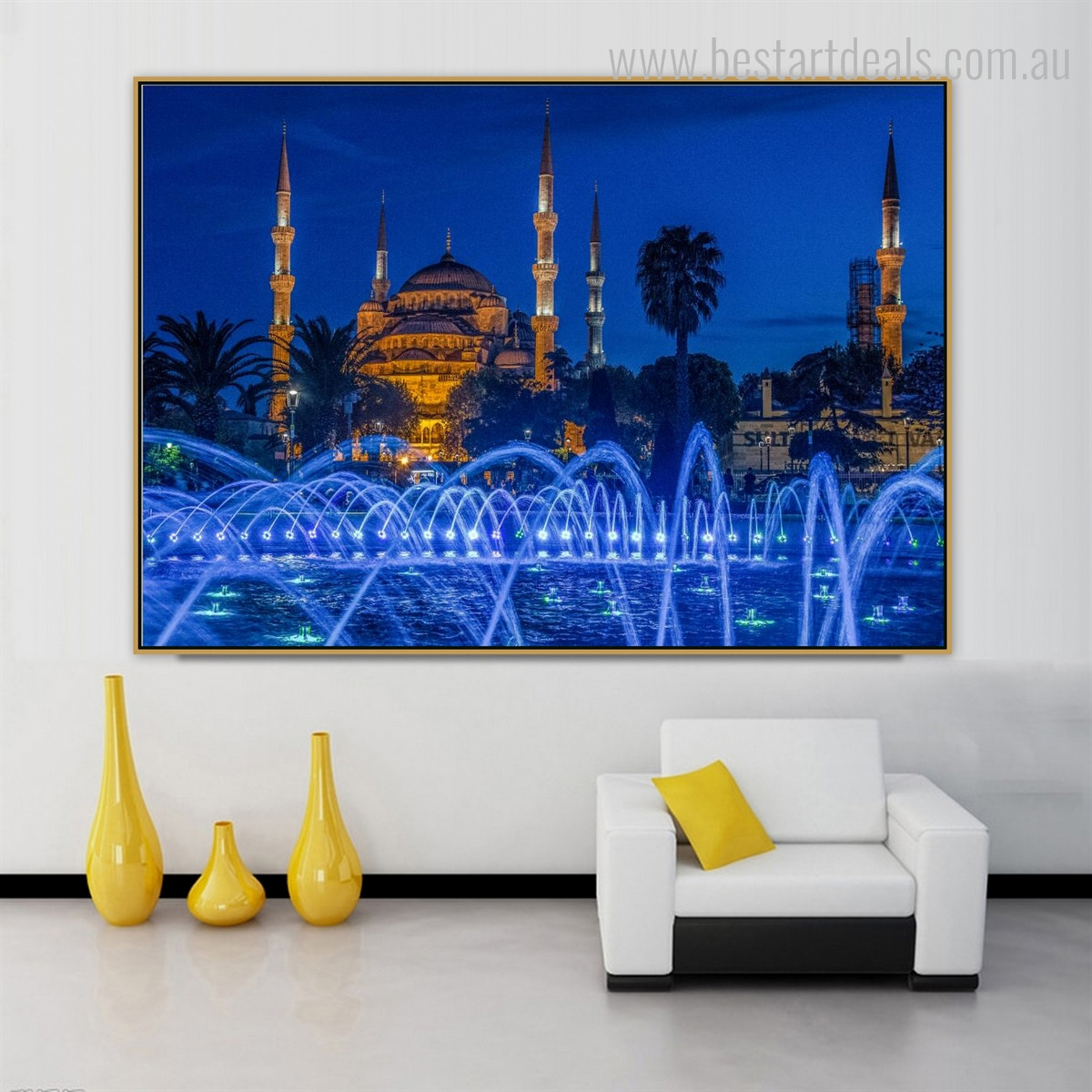 Blue Mosque Islamic Religious Modern Framed Smudge Photo Canvas Print for Room Wall Molding