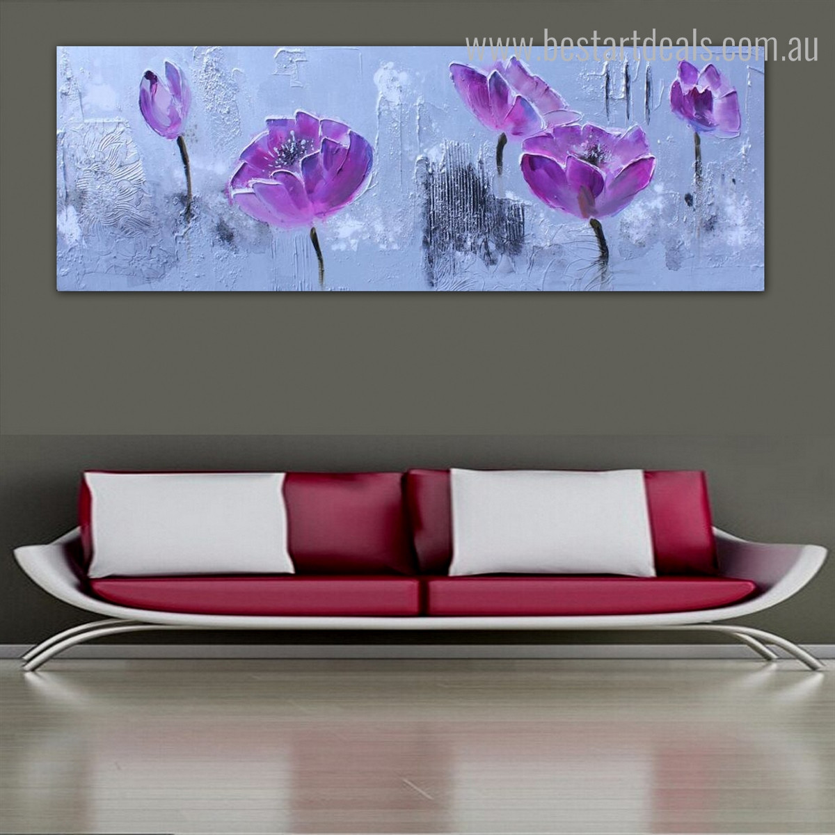 Violet Blooms Floral Panoramic Modern Framed Smudge Image Canvas Print for Room Wall Drape