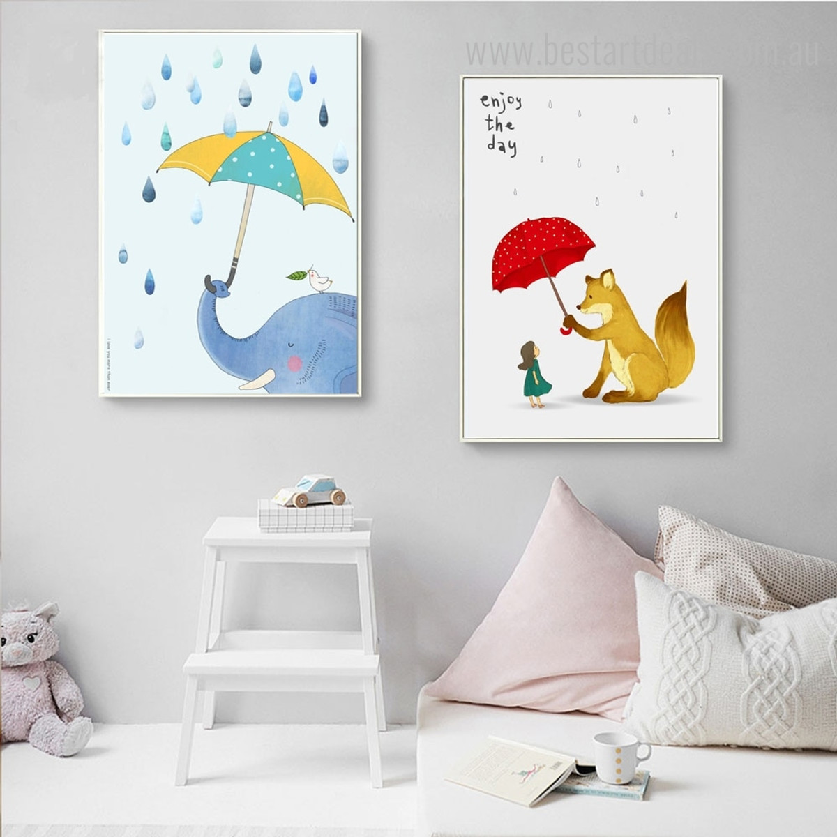 Fox Elephant Animated Animal Kids Framed Painting Photo Canvas Print for Room Wall Adornment