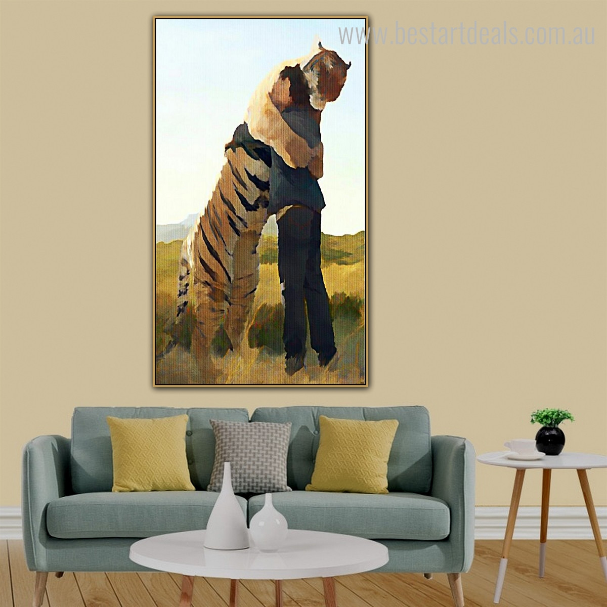 Tiger Hug Person Abstract Animal Contemporary Framed Scheme Photo Canvas Print for Room Wall Decor