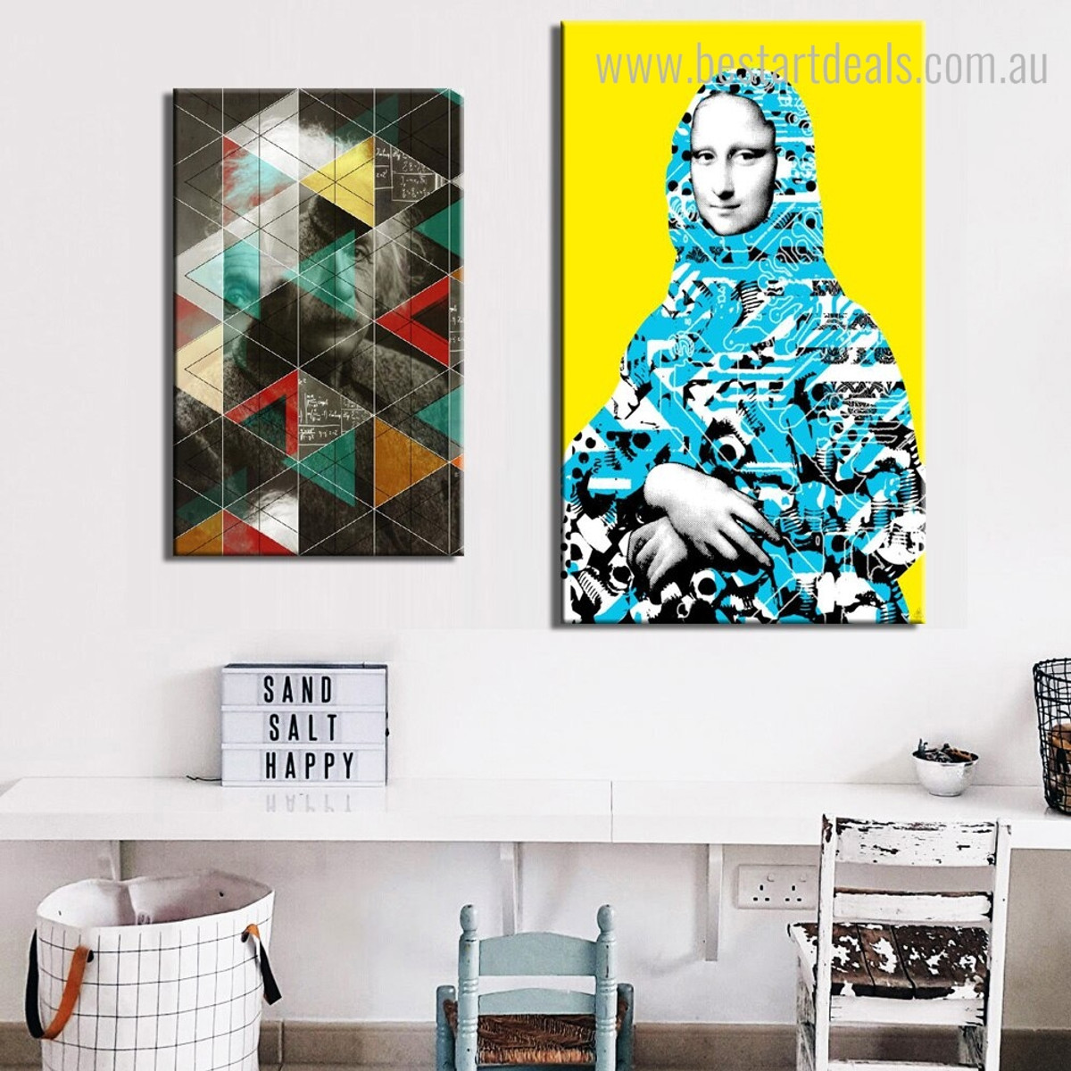 Einstein and Monalisa Abstract Figure Modern Framed Smudge Portrait Canvas Print for Room Wall Molding