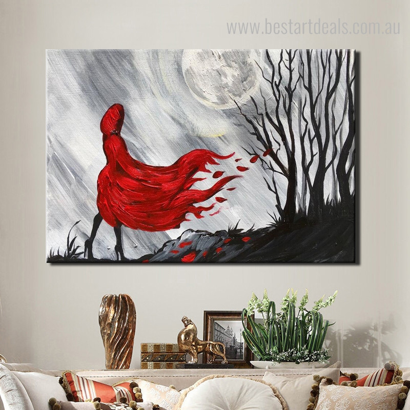 Red Coat Girl Abstract Modern Framed Knife Painting Portrait Canvas Print for Room Wall Tracery