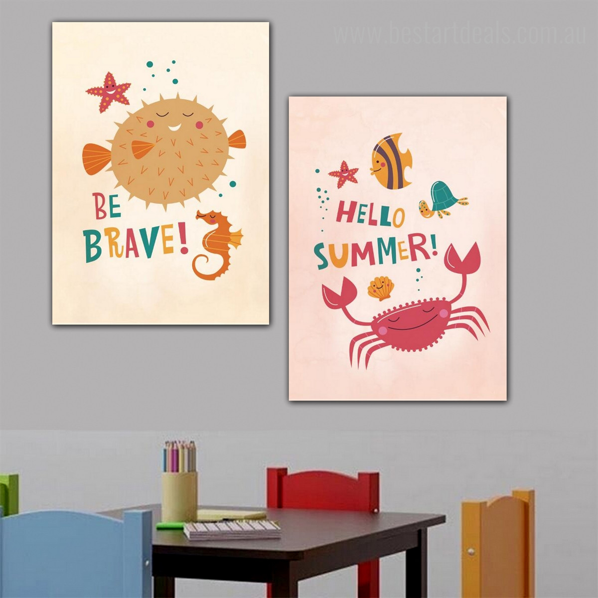 Hello Summer Animal Kids Quote Modern Nordic Framed Artwork Image Print for Wall Hanging Decor