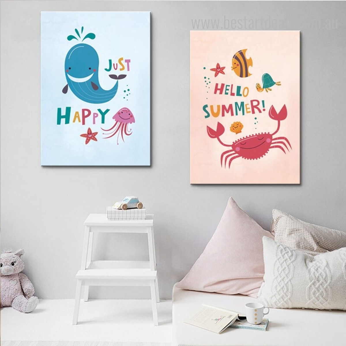 Just Happy Animal Quote Modern Nordic Framed Smudge Picture Print for Kids Room Wall Getup