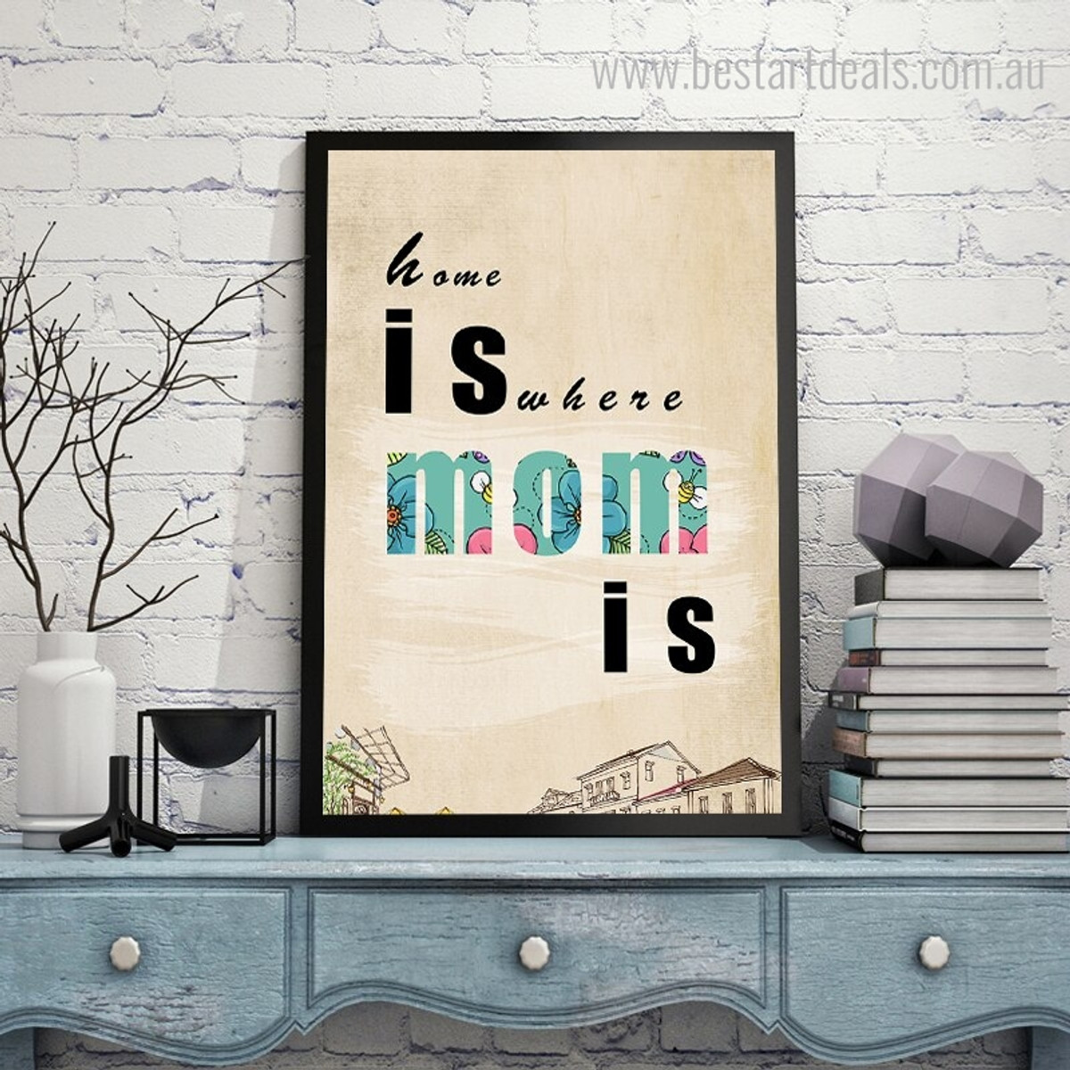 Where Mom Typography Illustrated Modern Nordic Framed Portmanteau Image Print for Room Wall Finery