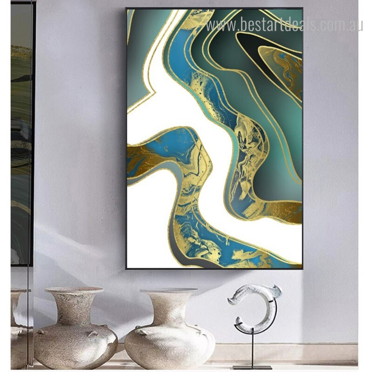 Gilt Lines Abstract Contemporary Framed Smudge Photo Canvas Print for Room Wall Drape